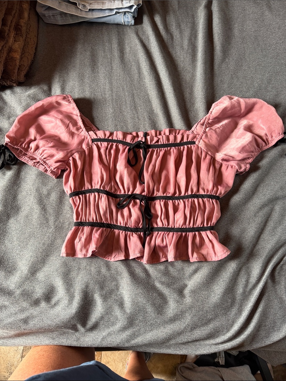 Women’s Pink Puff Sleeve Peasant Top with Black Trim